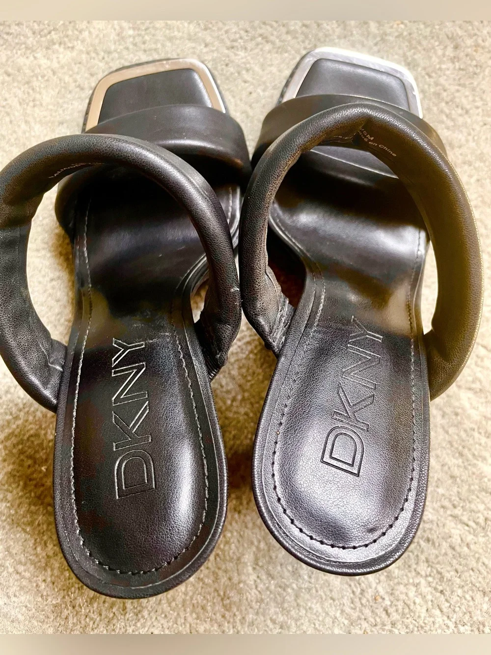 DKNY Black Double-Strap Square-Toe Mule Sandals with Silver Trim, Size 7.5